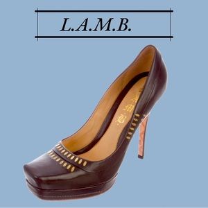L.A.M.B. Black Lamb Jona Gold Stud Leather Platform Pumps Sz US 9 MSRP $350